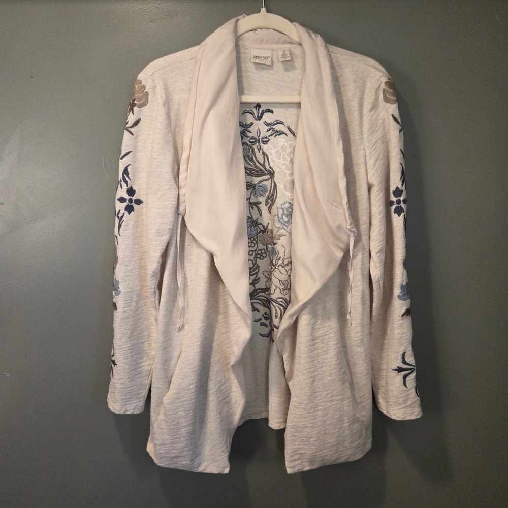 Zenergy by Chico's Open Front Knit Cardigan Boho Embroidered Flowers Women's L‎